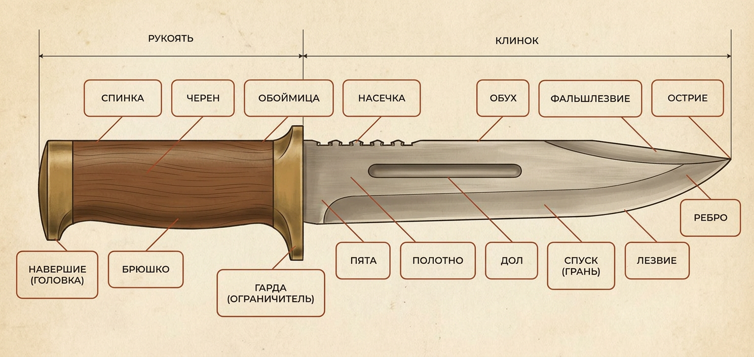 Анатомия ножа — клинок и рукоять с подписями частей